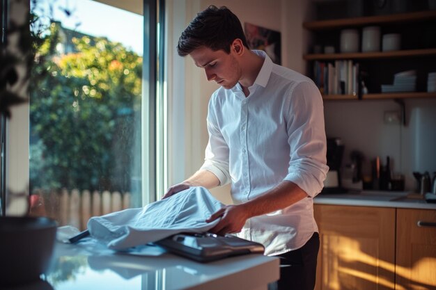 Man folding neatly pressed shirts after washing and drying