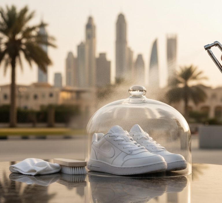 Person cleaning sneakers at home in Dubai to remove dust and stains
