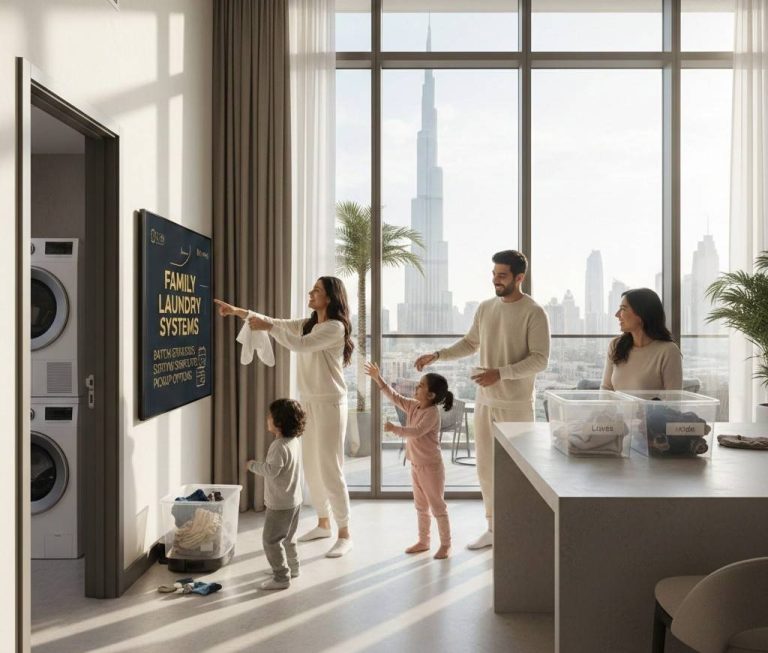 Busy Dubai family using an organized home laundry system with sorted baskets and scheduled washing routine