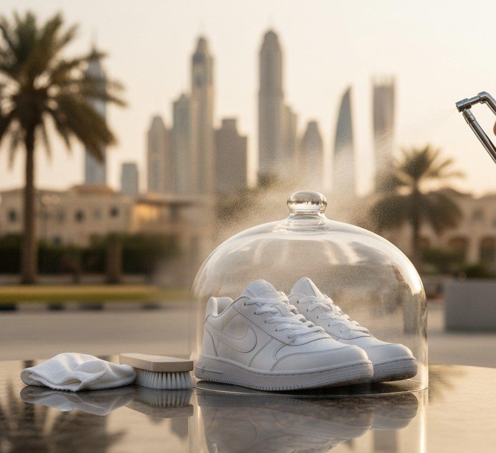 Person cleaning sneakers at home in Dubai to remove dust and stains