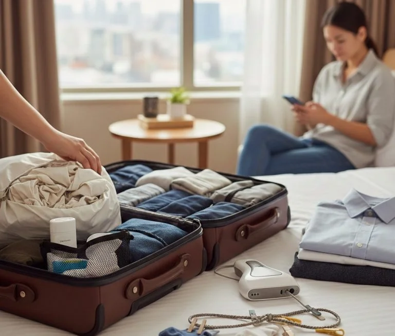 Traveler hand washing clothes in a hotel sink with travel-size detergent to keep clothes fresh during a trip