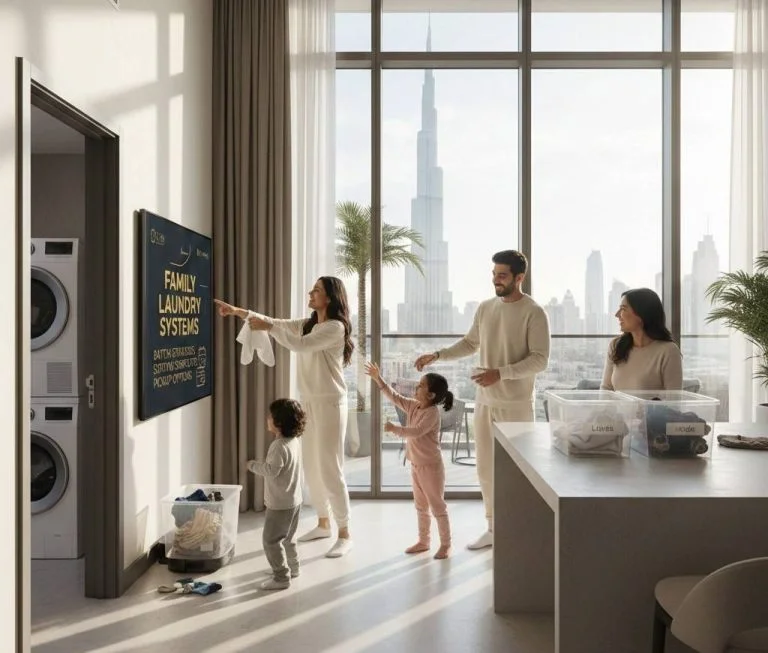 Busy Dubai family using an organized home laundry system with sorted baskets and scheduled washing routine